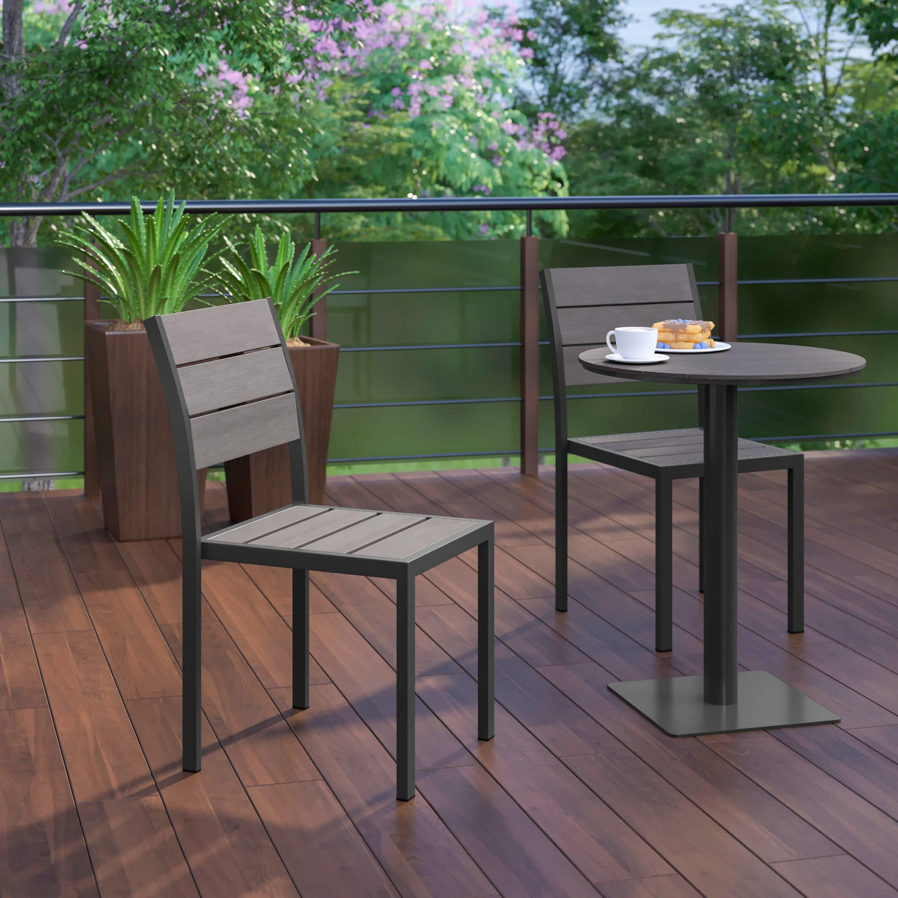 Finch Commercial Grade Armless Patio Chair, Stackable Side Chair with Faux Teak Poly Slats and Metal Frame