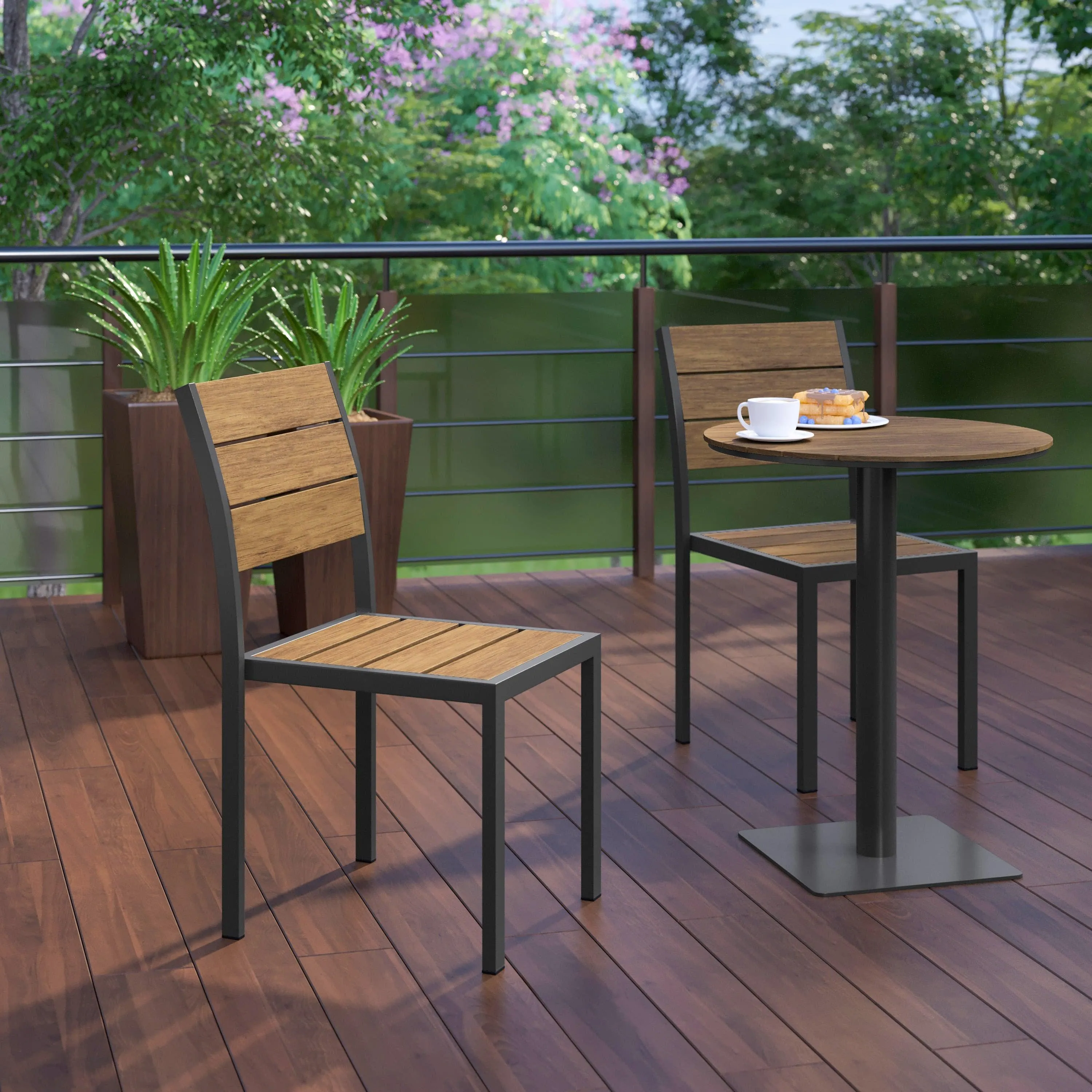 Finch Commercial Grade Armless Patio Chair, Stackable Side Chair with Faux Teak Poly Slats and Metal Frame