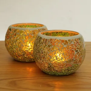 Green Glass Mosaic Candle Holders - Set of 2