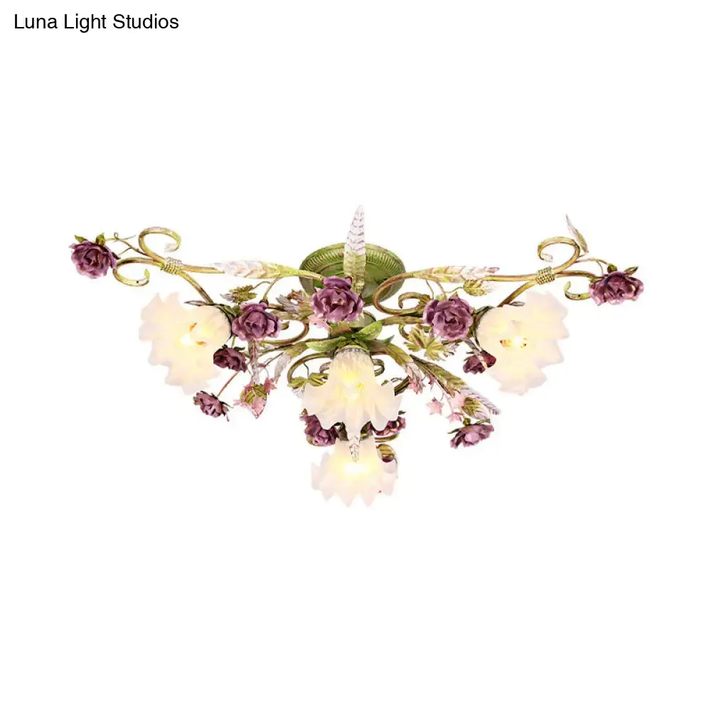 Green Opal Glass Scalloped Semi Flush Ceiling Light with Korean Flower Design - 4 Bulb Living Room Fixture
