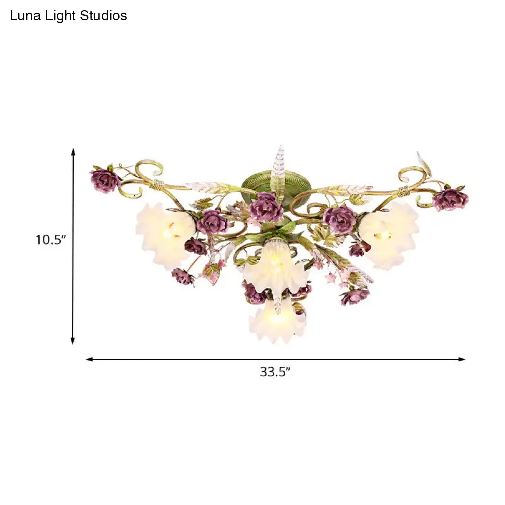 Green Opal Glass Scalloped Semi Flush Ceiling Light with Korean Flower Design - 4 Bulb Living Room Fixture
