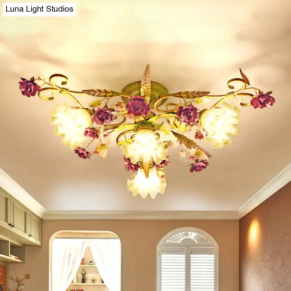 Green Opal Glass Scalloped Semi Flush Ceiling Light with Korean Flower Design - 4 Bulb Living Room Fixture