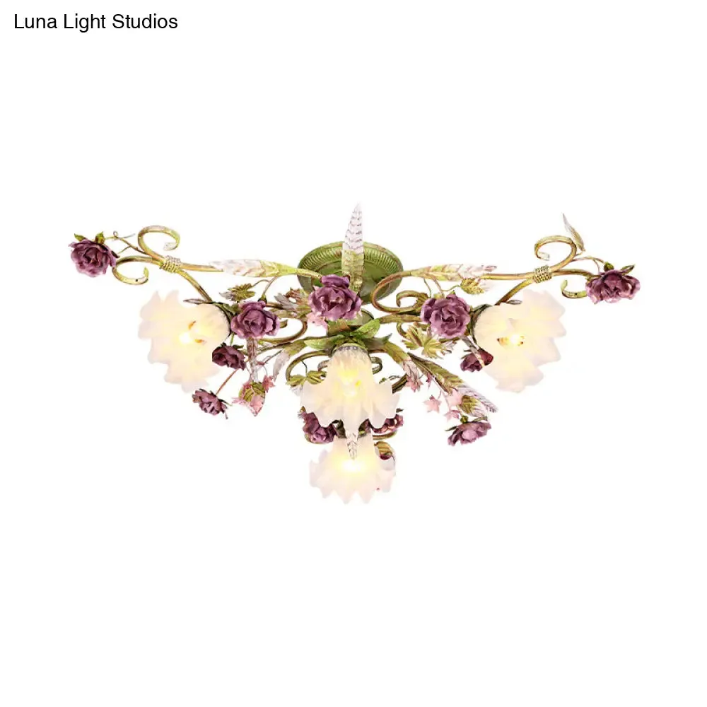 Green Opal Glass Scalloped Semi Flush Ceiling Light with Korean Flower Design - 4 Bulb Living Room Fixture