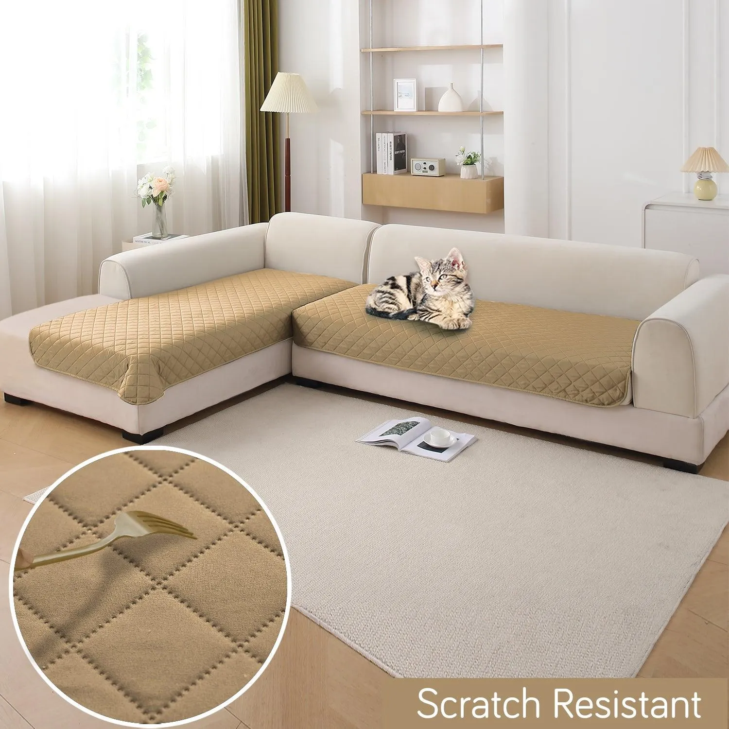 HOKIPO Waterproof Quick-Dry Sofa Mat Set for 3 2 L-Shape Sofa, Camel