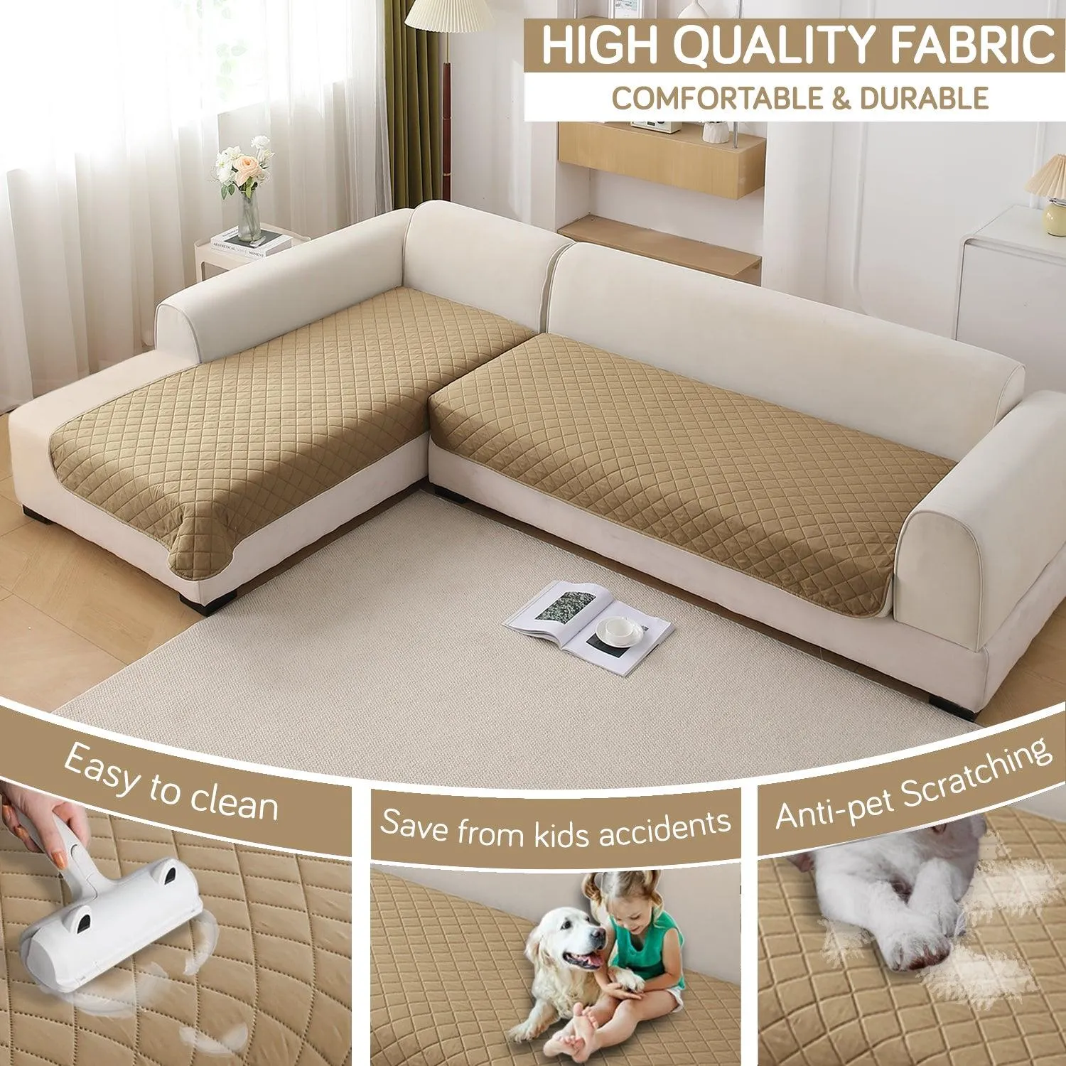 HOKIPO Waterproof Quick-Dry Sofa Mat Set for 3 2 L-Shape Sofa, Camel