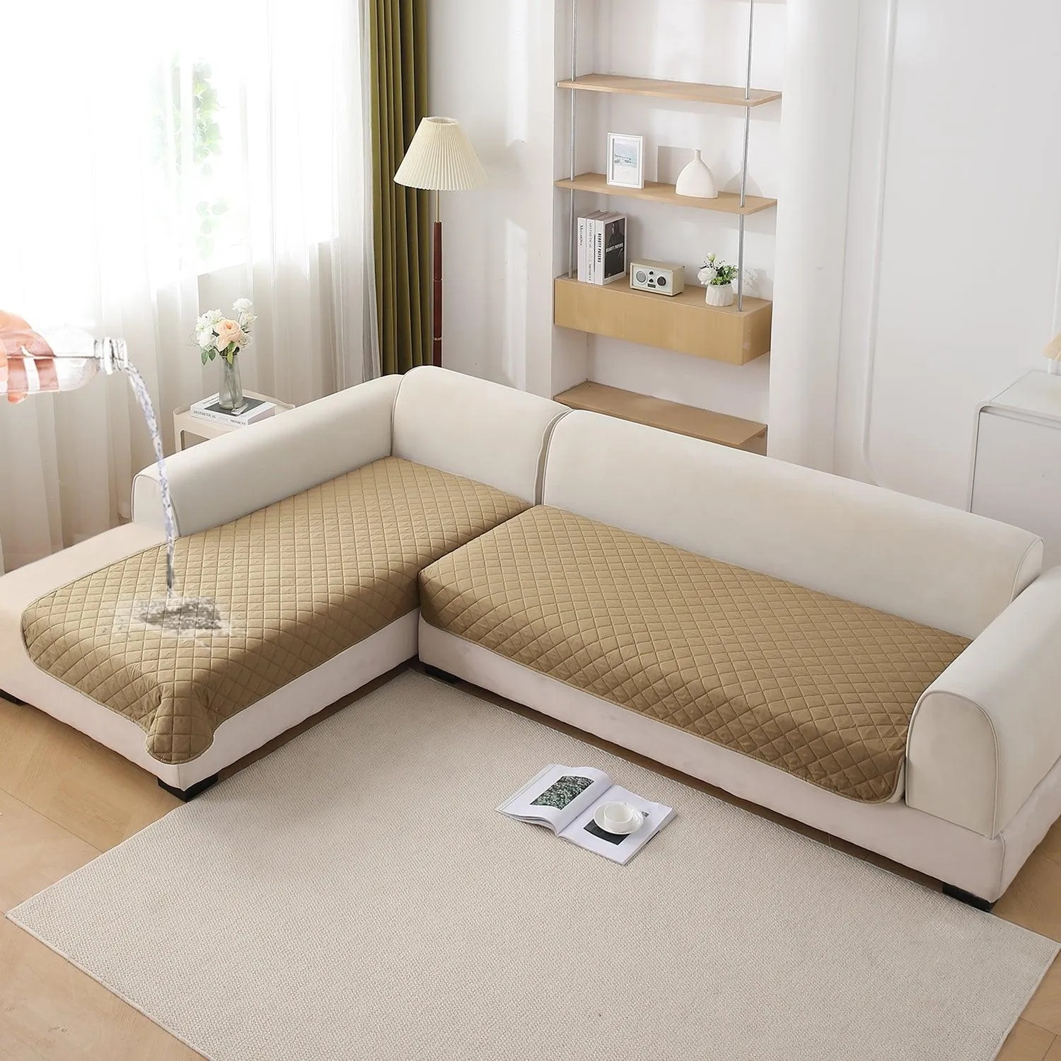 HOKIPO Waterproof Quick-Dry Sofa Mat Set for 3 2 L-Shape Sofa, Camel