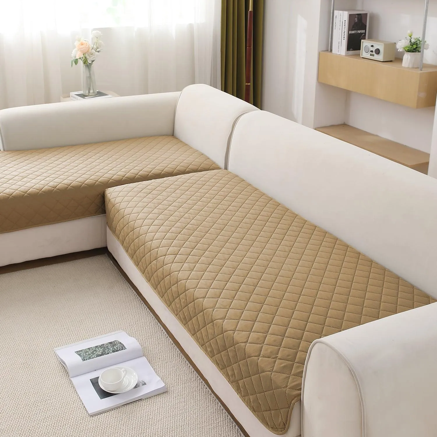 HOKIPO Waterproof Quick-Dry Sofa Mat Set for 3 2 L-Shape Sofa, Camel