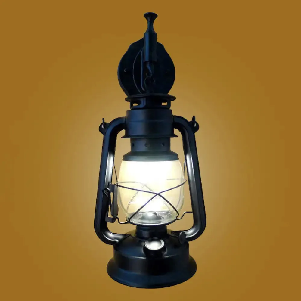 Industrial 1-Light Wall Lamp with Lantern Glass Shade in Black