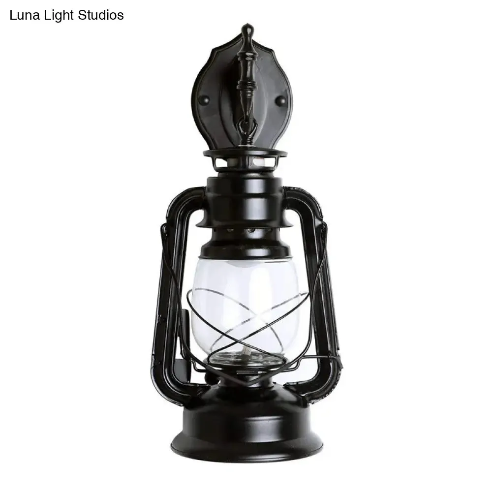 Industrial 1-Light Wall Lamp with Lantern Glass Shade in Black