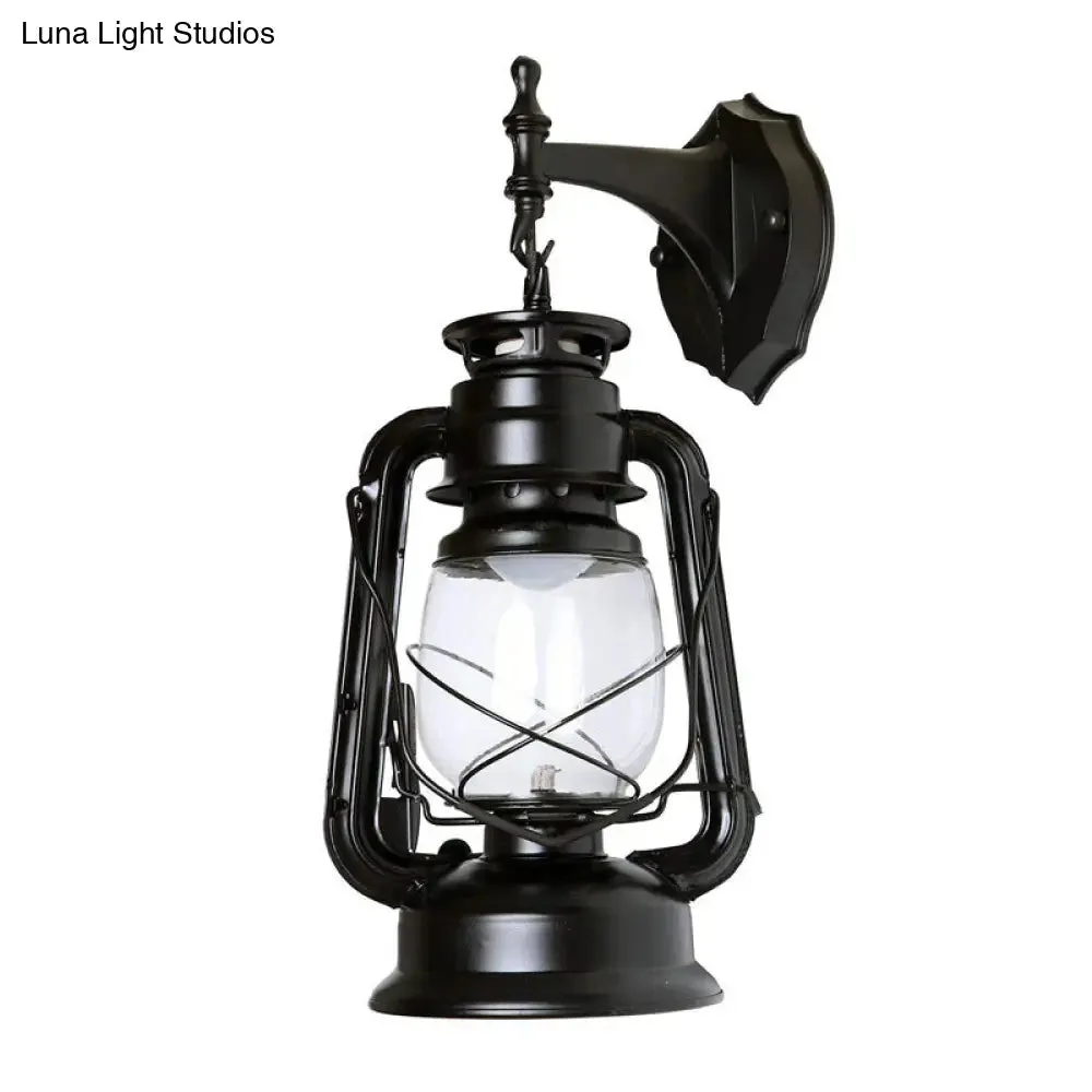 Industrial 1-Light Wall Lamp with Lantern Glass Shade in Black