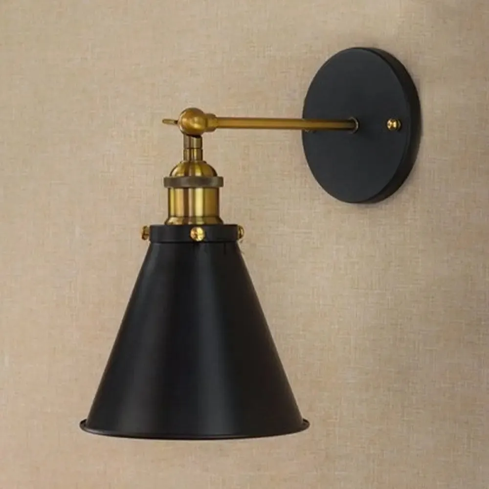 Industrial Black/Brass Sconce with Metal Conic Shade - Stylish Wall Lighting for Living Room