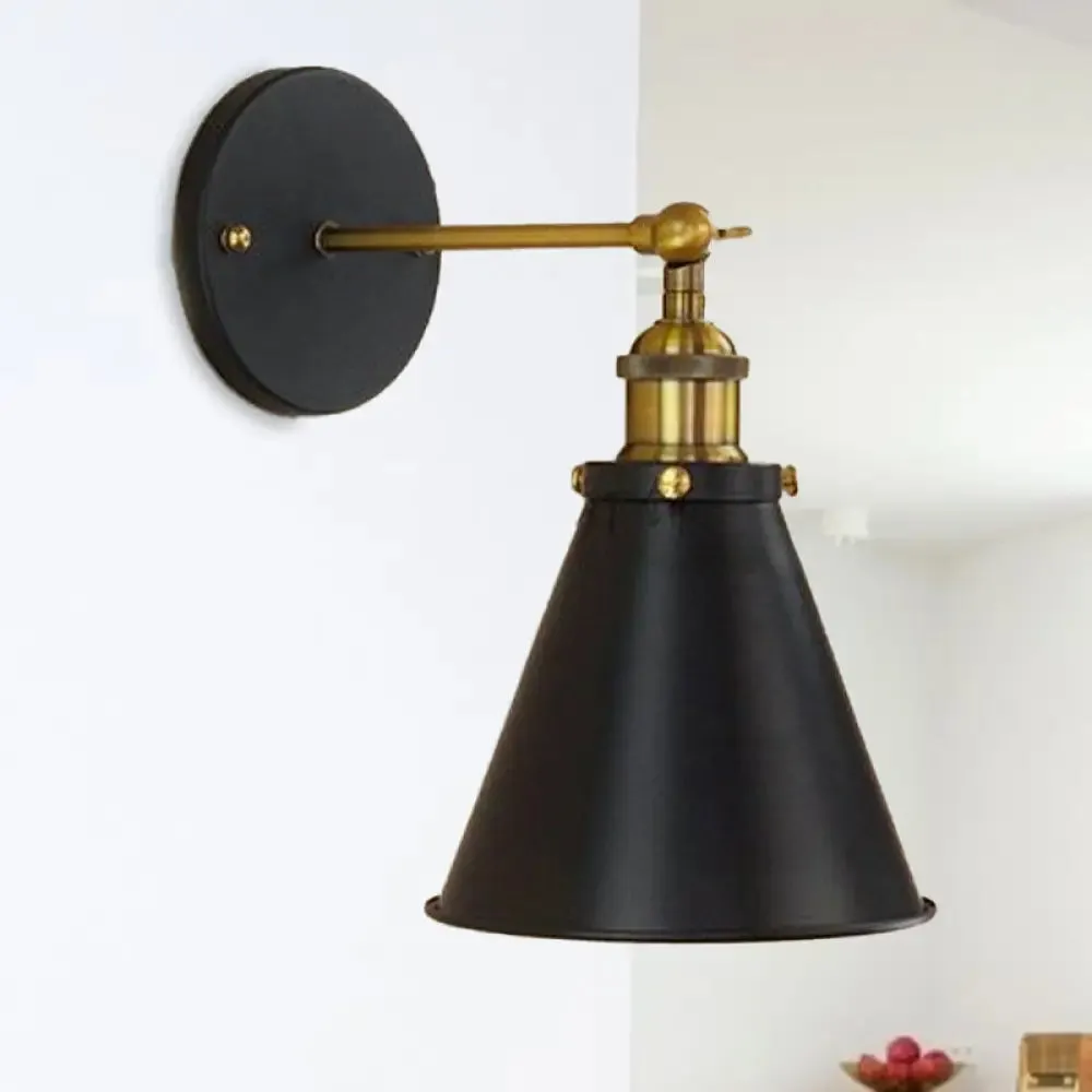 Industrial Black/Brass Sconce with Metal Conic Shade - Stylish Wall Lighting for Living Room
