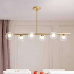 Linear Island Light Fixture Nordic Metal 6 Heads Gold Hanging Lamp with Globe Clear Glass Shade
