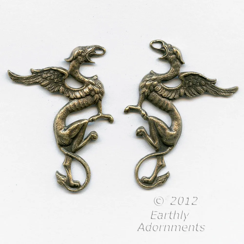 Oxidized brass stamped gryphons, one pair, 43x32mm. b9-2251