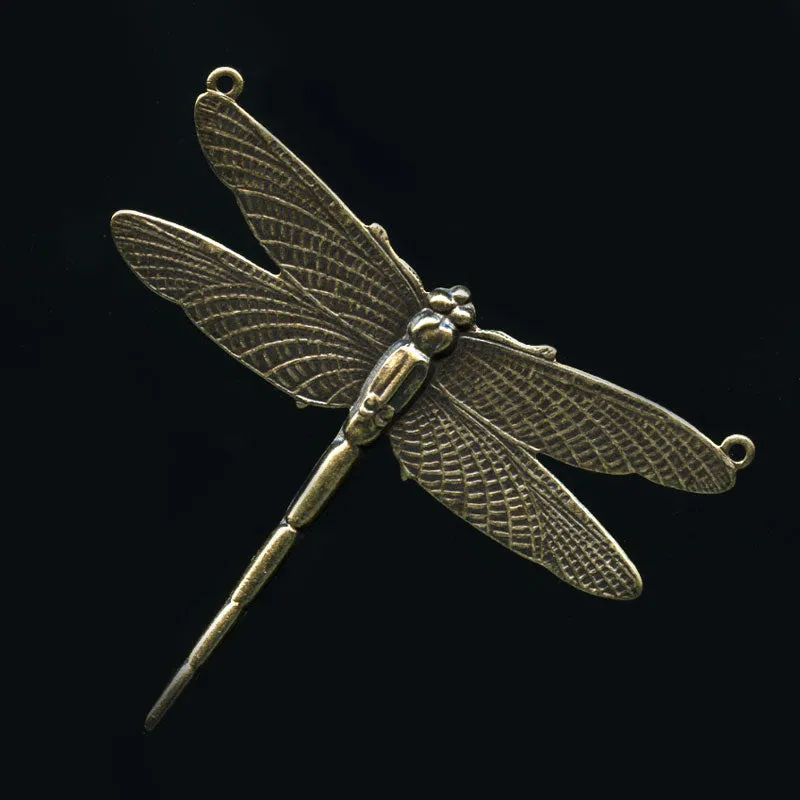 Oxidized solid brass Dragonfly  stamped pendant. 50mm wingspan, 44mm long. 2 ring.  Pkg1. b9-0522a