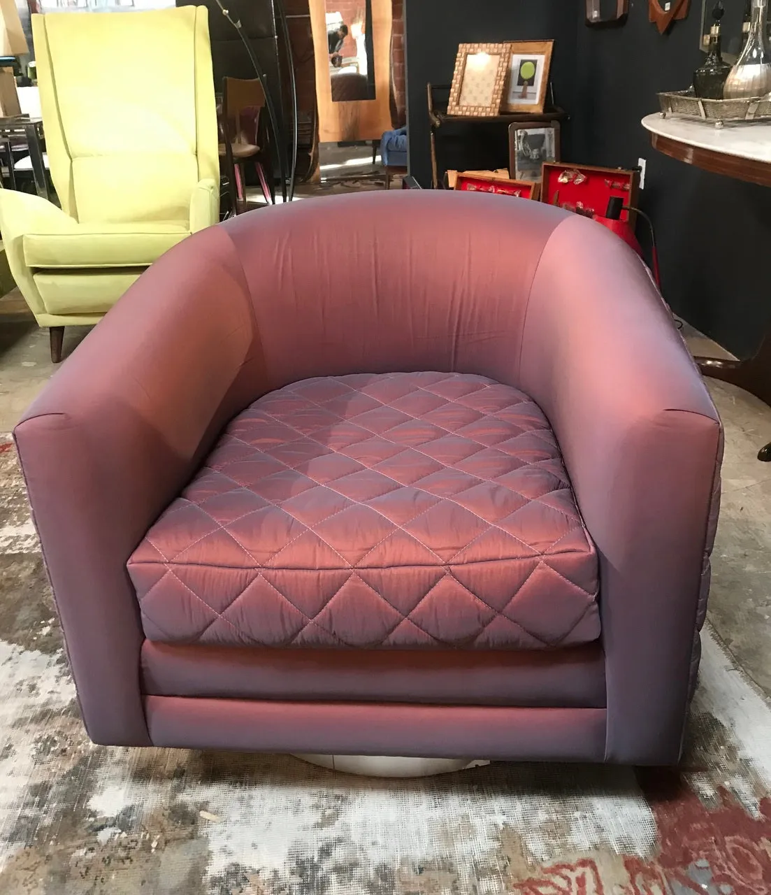 Pair of Mid-Century Modern Milo Baughman style Swivel Club Chairs Platform Base.