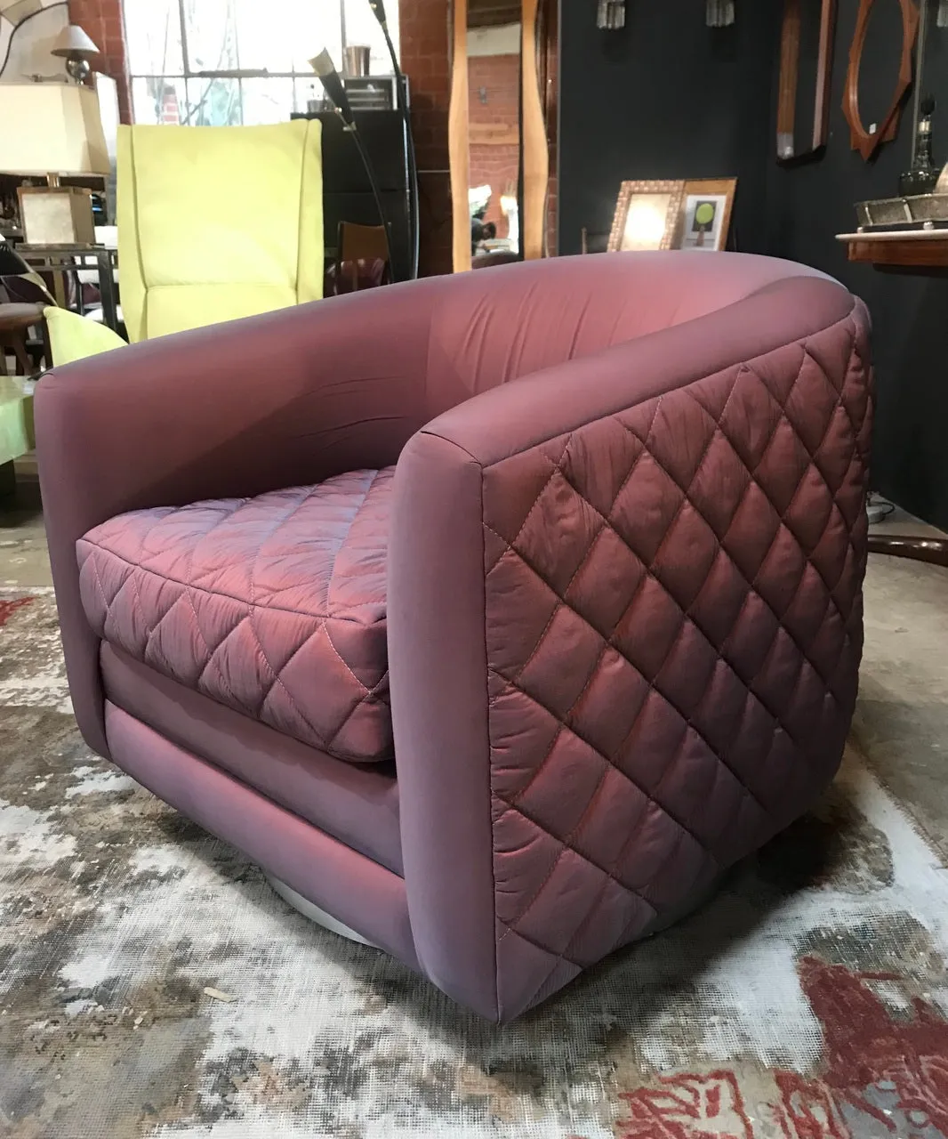 Pair of Mid-Century Modern Milo Baughman style Swivel Club Chairs Platform Base.