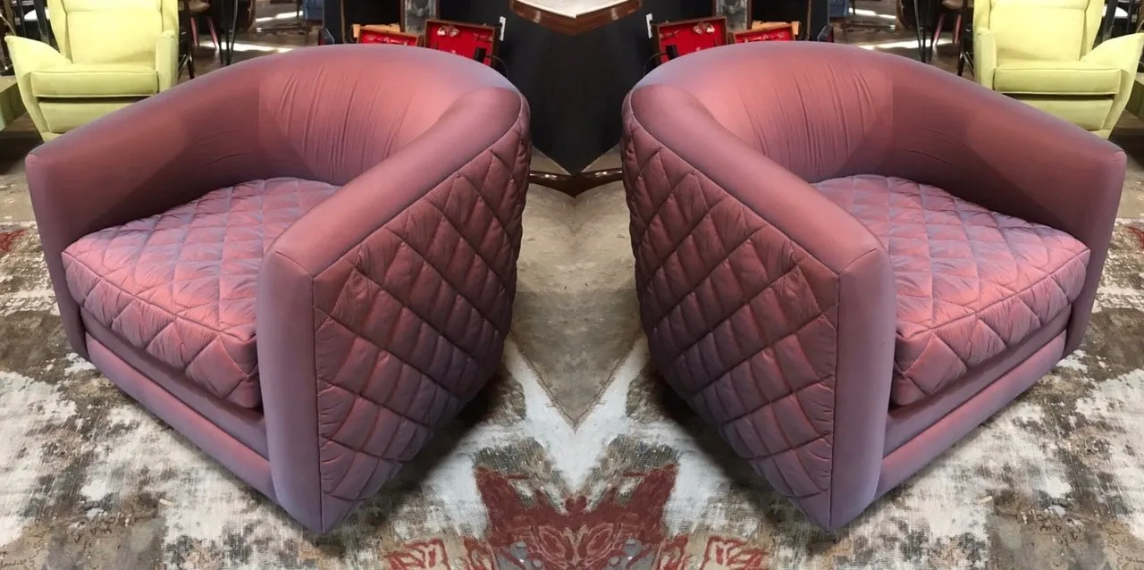 Pair of Mid-Century Modern Milo Baughman style Swivel Club Chairs Platform Base.
