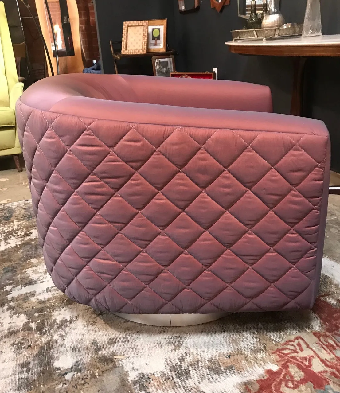 Pair of Mid-Century Modern Milo Baughman style Swivel Club Chairs Platform Base.