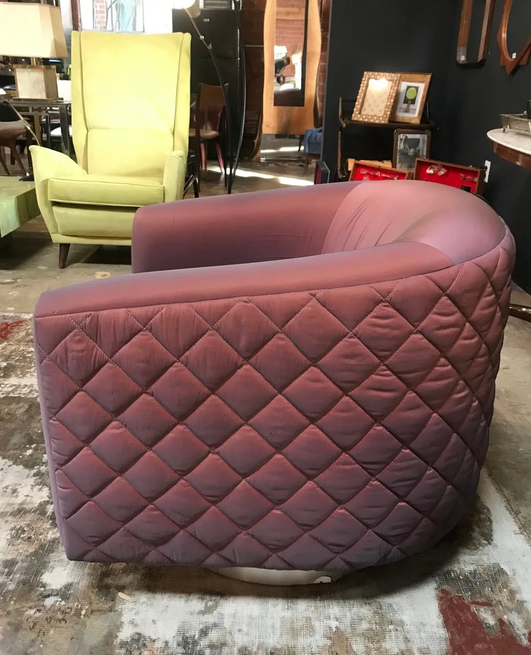 Pair of Mid-Century Modern Milo Baughman style Swivel Club Chairs Platform Base.