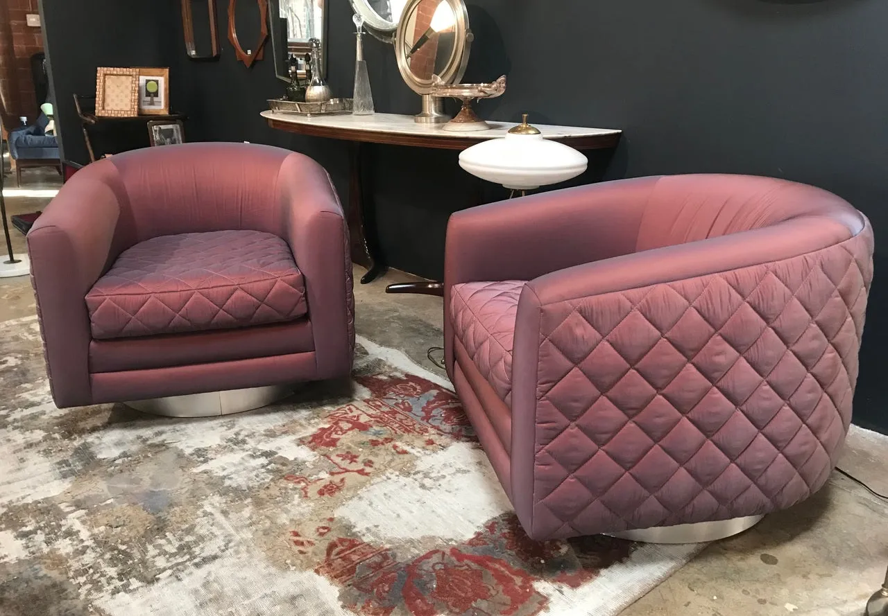 Pair of Mid-Century Modern Milo Baughman style Swivel Club Chairs Platform Base.