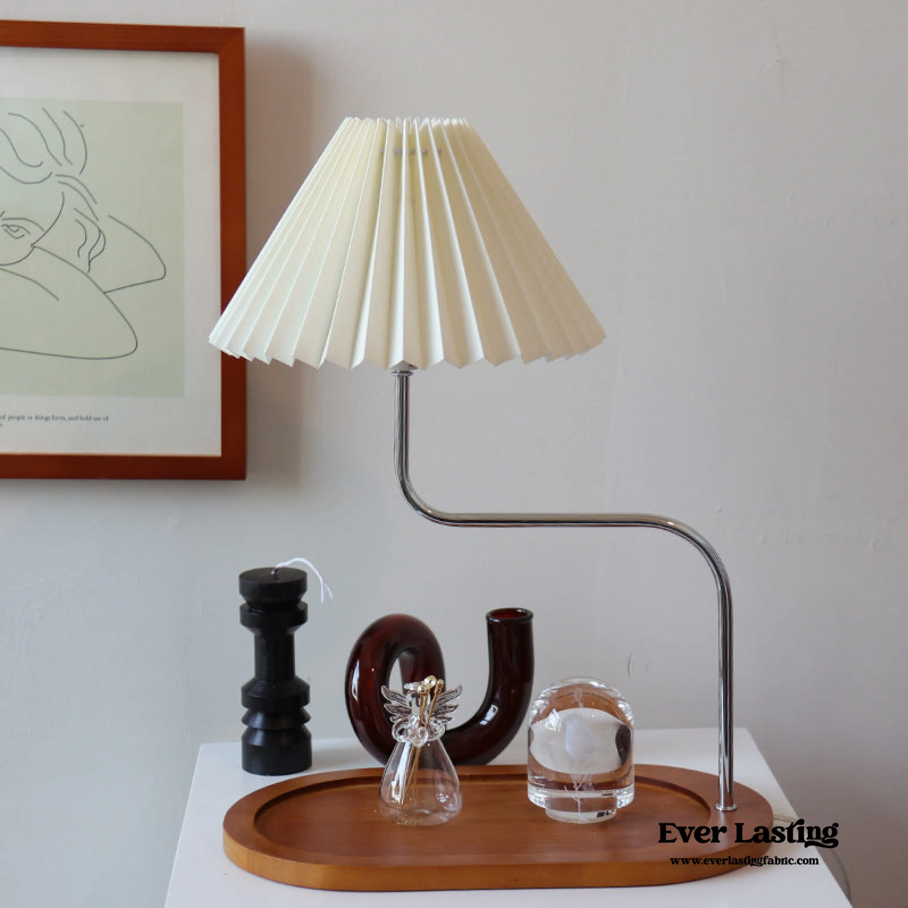 Pleated Wooden Tray Lamp / Cream