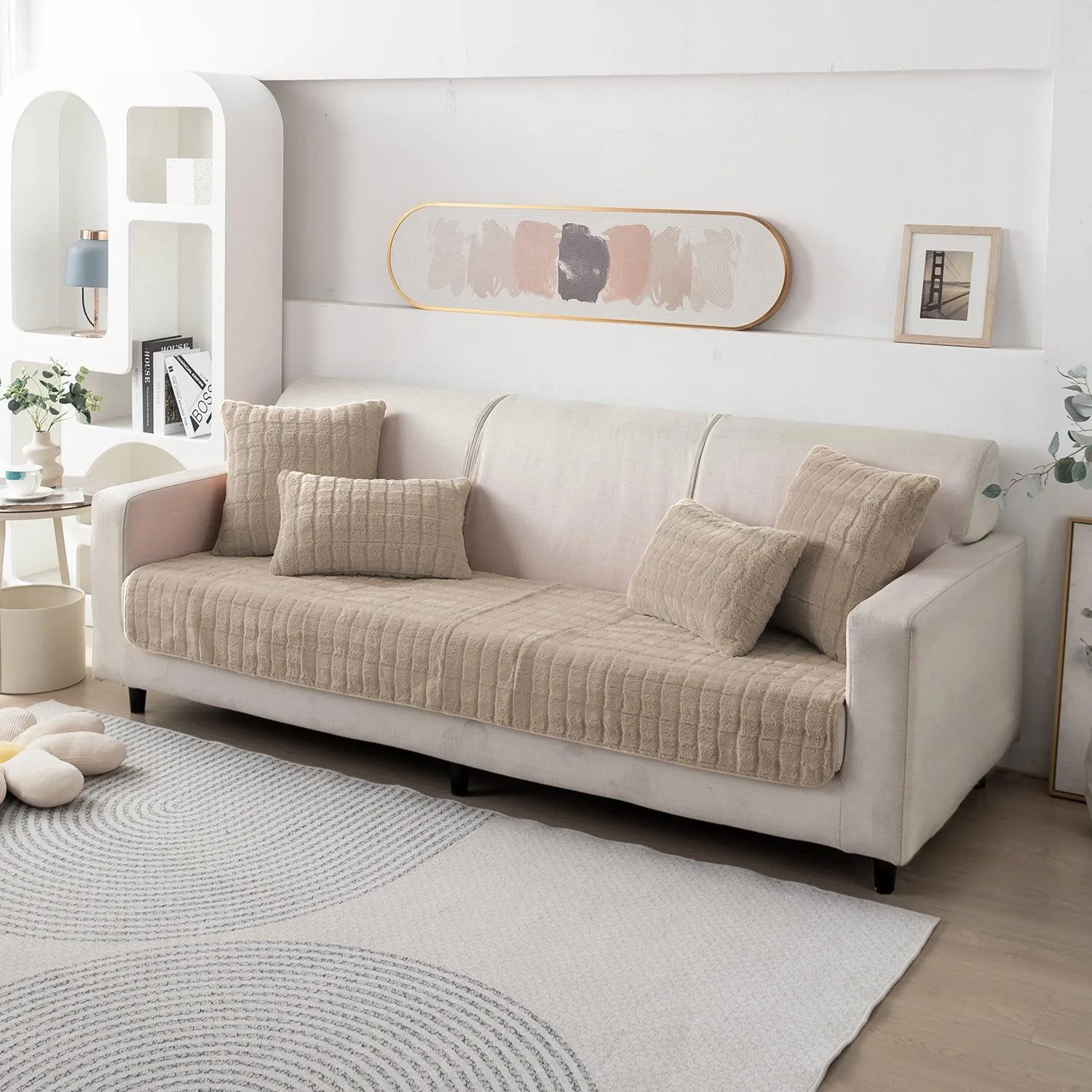 Premium Plush Anti Slip Sofa Mat for 1/2/3 Seater, Beige