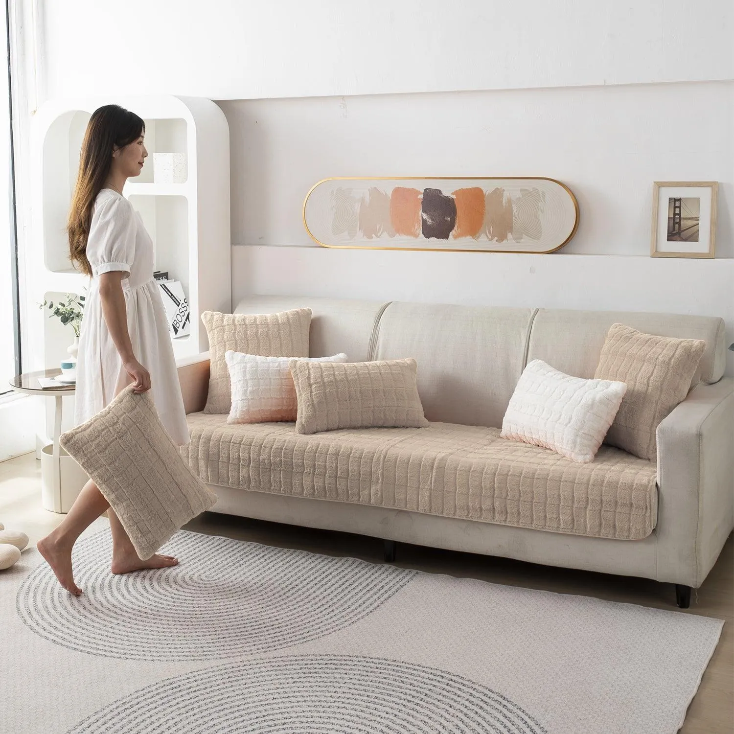 Premium Plush Anti Slip Sofa Mat for 1/2/3 Seater, Beige
