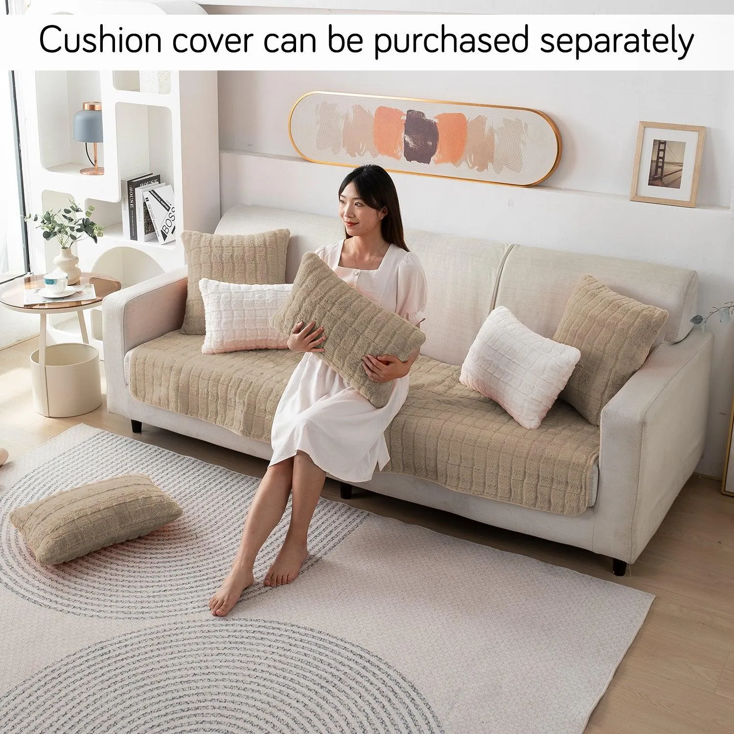 Premium Plush Anti Slip Sofa Mat for 1/2/3 Seater, Beige