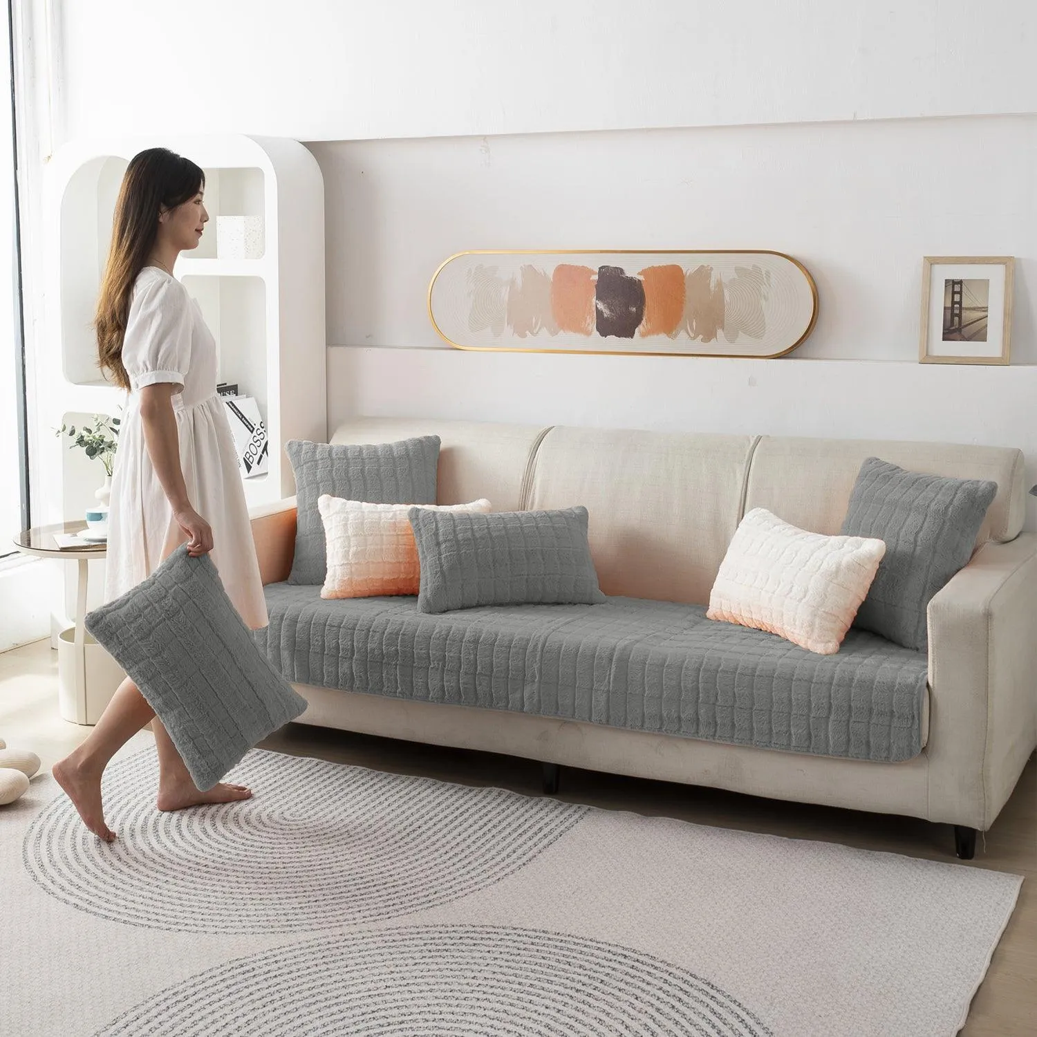 Premium Plush Anti Slip Sofa Mat for 1/2/3 Seater, Light Grey
