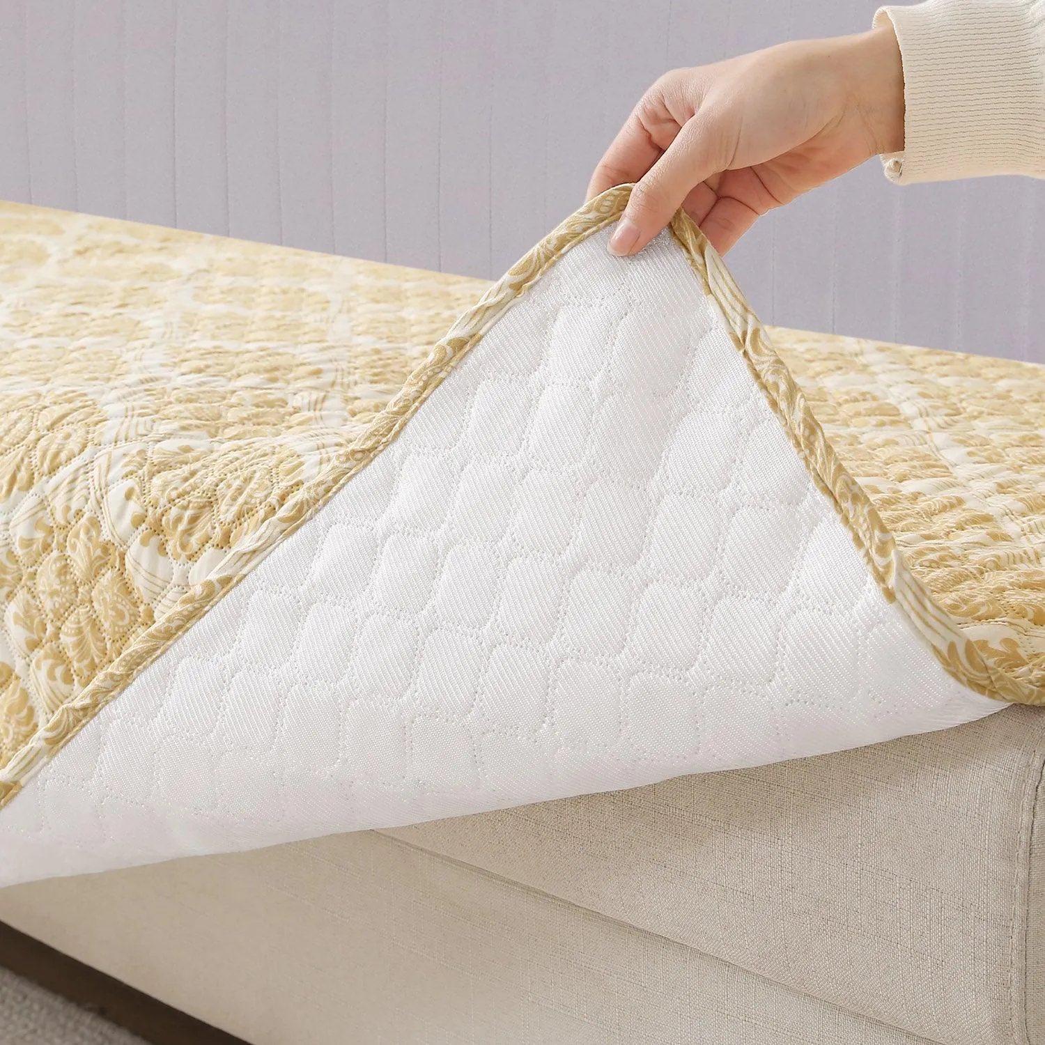 Printed Quilted L Type Sofa Mat Set (3 2 Seater), Ogee Ivory