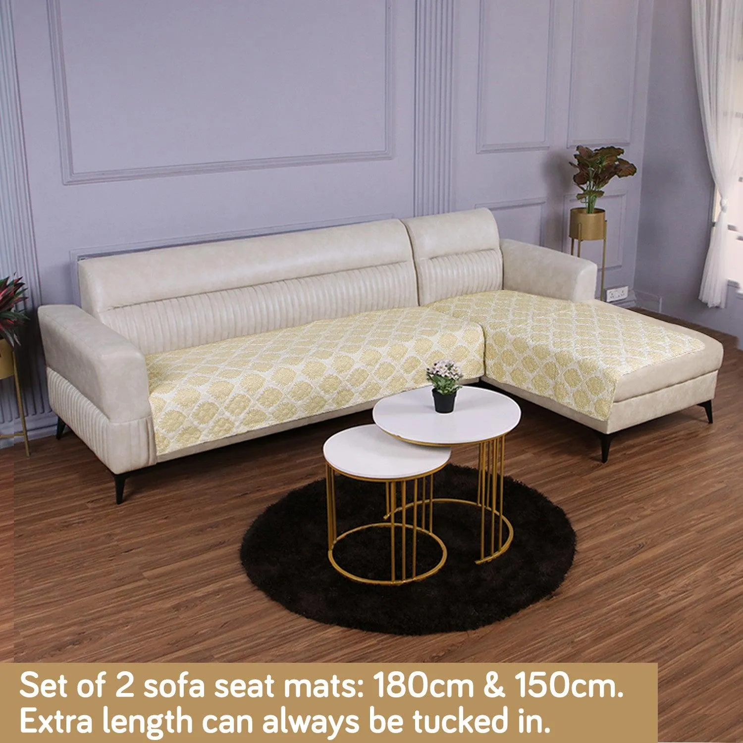Printed Quilted L Type Sofa Mat Set (3 2 Seater), Ogee Ivory