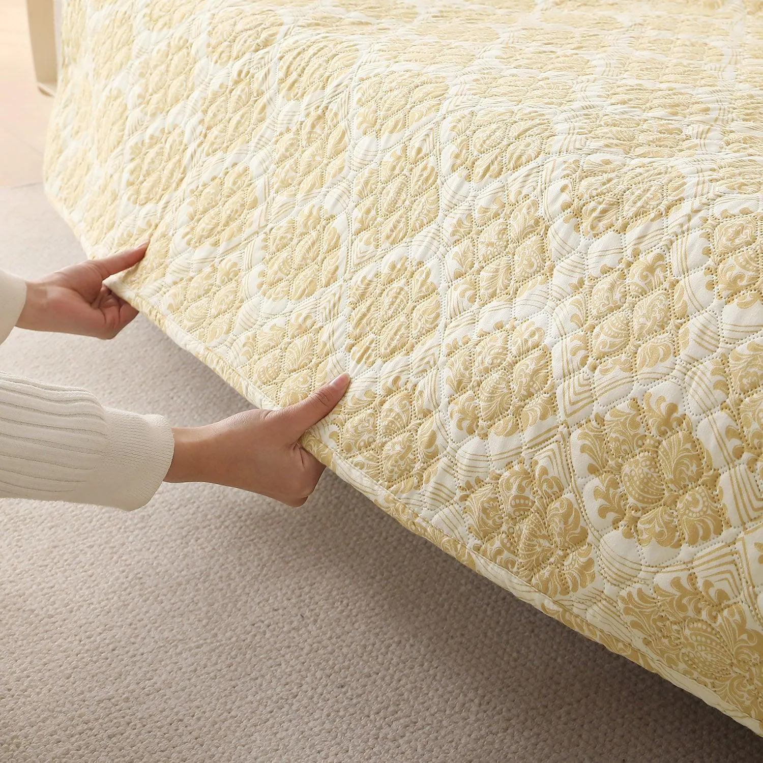Printed Quilted L Type Sofa Mat Set (3 2 Seater), Ogee Ivory
