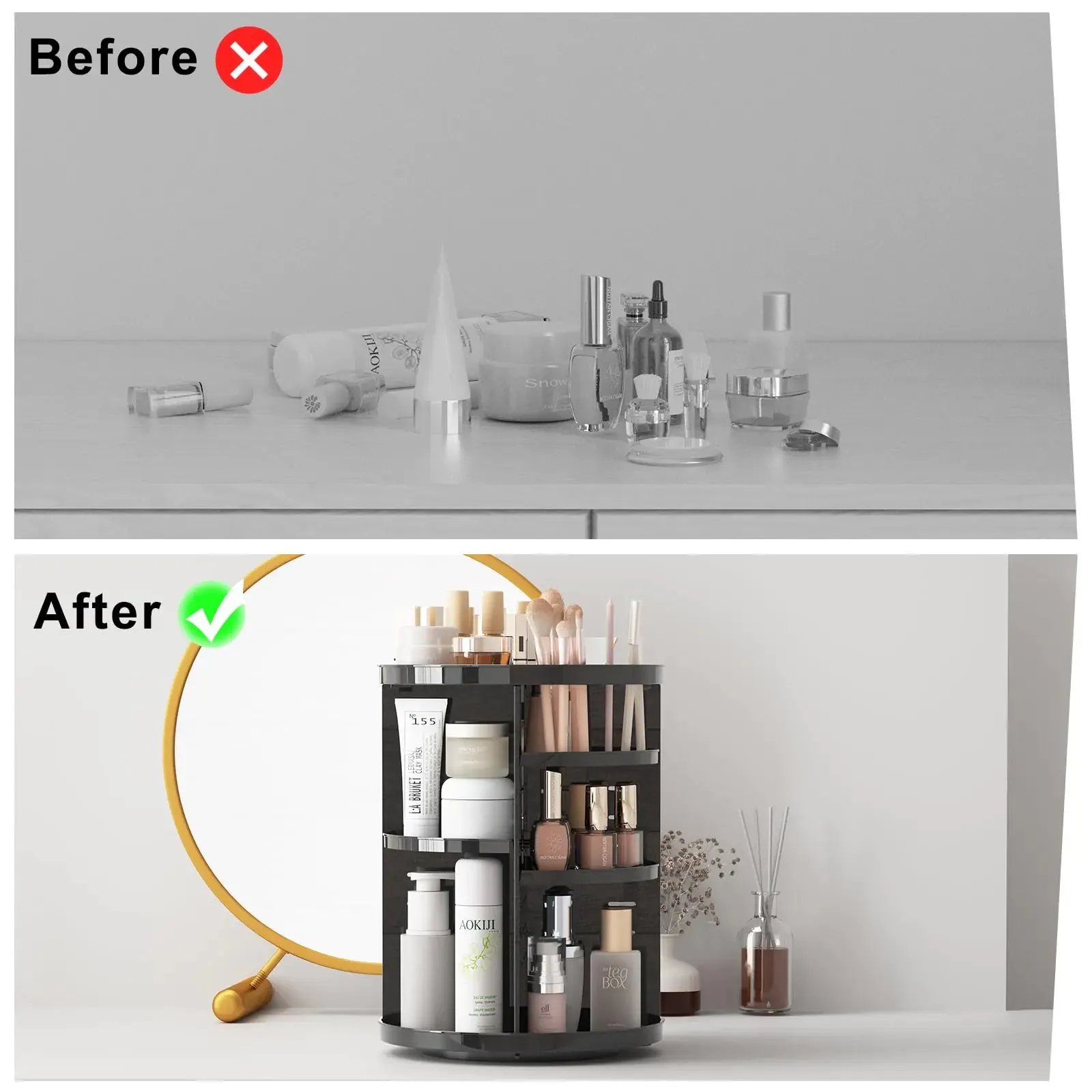 Rotating Makeup Organizer for Vanity, 360 Spinning Skincare Organizers with Adjustable Trays, Make Up Desk Storage Carousel Rack, Cosmetic Display Cases for Dresser Bathroom Countertop Black