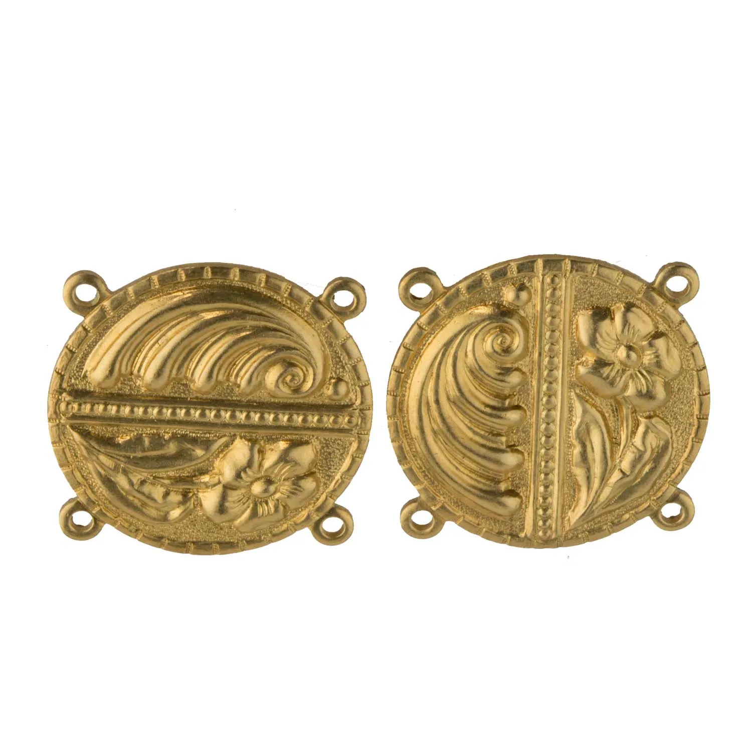 Stamped Brass 4 ring Connector with Flower & Ocean Wave Motif, 18mm diameter. Pkg of 2. B9-0832