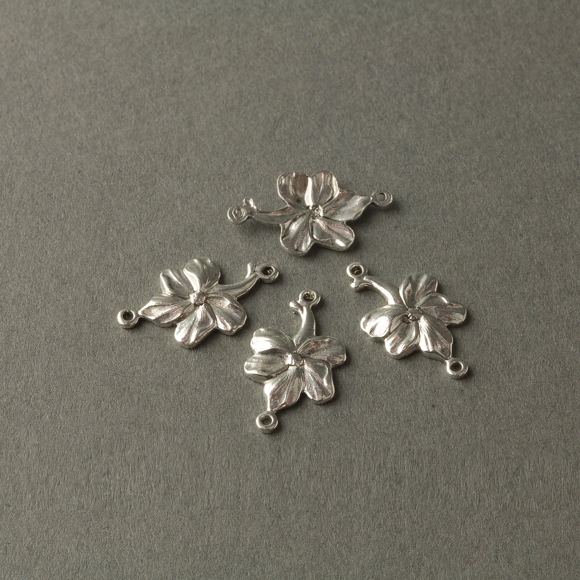 Stamped Sterling Silver Plated Brass Hibiscus Flower Two-Ring Connector. 20x12mm. Package of 4. B9-0825